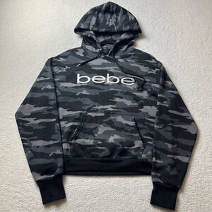 BEBE Sport Gray Camouflage Pattern Pullover Hoodie Spellout Logo Women's Medium